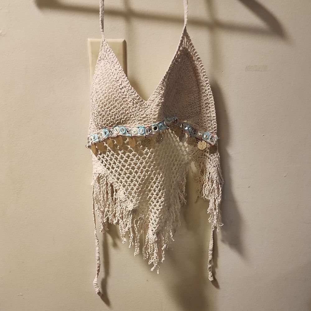 SHEIN Cream Crochet Fringe Top